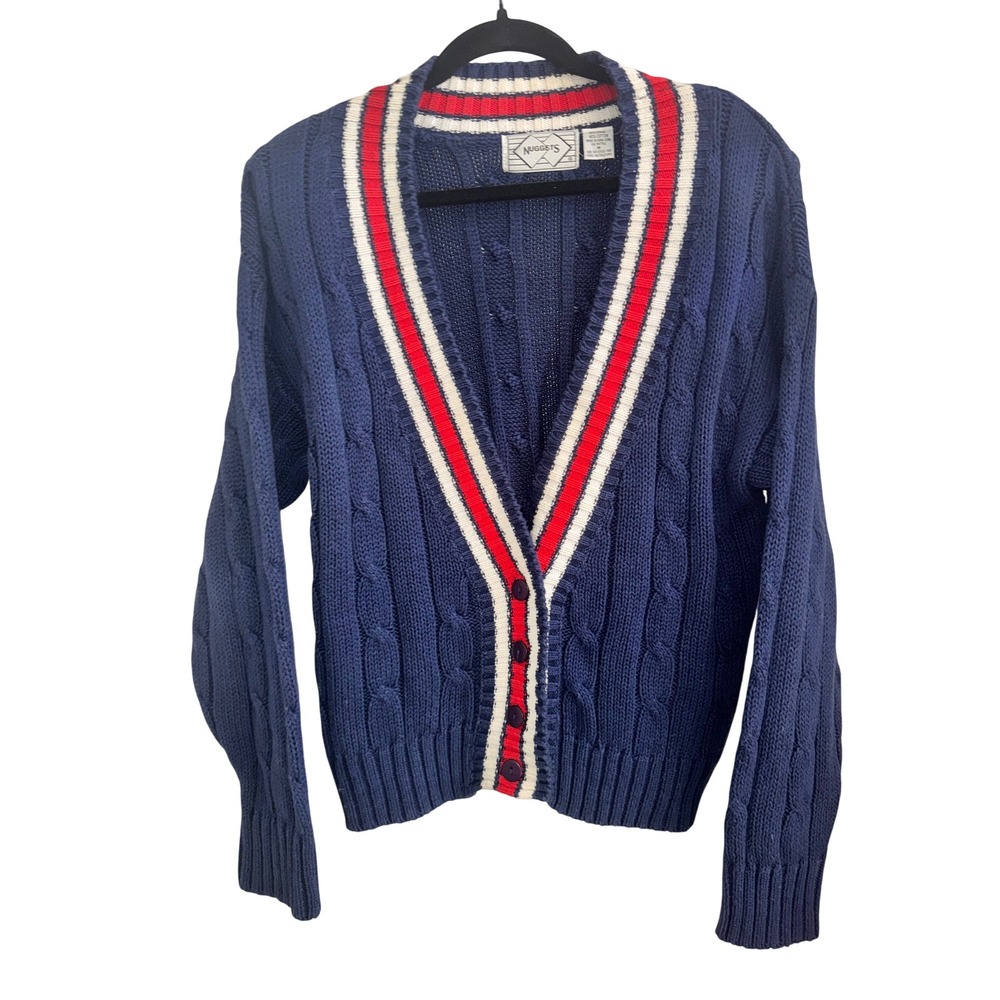 Vtg 90s Navy Blue Cable Knit Varsity Stripe Cardigan Sweater M Preppy Academia